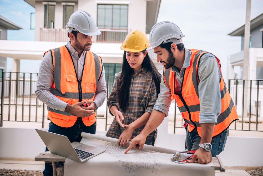 civil engineer construction worker architects wearing hardhats safety vests are working together construction site building home cooperation teamwork concept