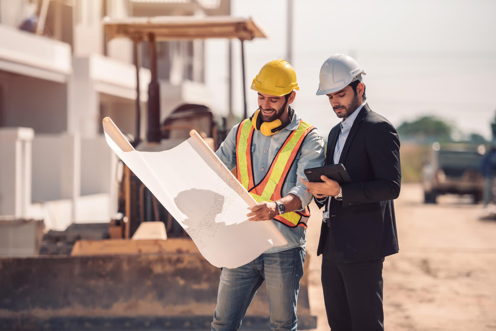 civil engineer construction worker manager holding digital tablet blueprints talking planing about construction site cooperation teamwork concept